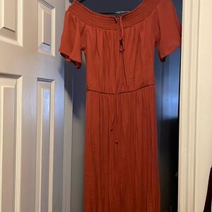 Rust colored light off shoulder dress